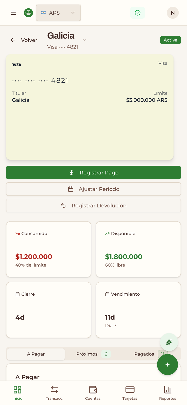 Detalle de una tarjeta de crédito con el resumen actual y las cuotas