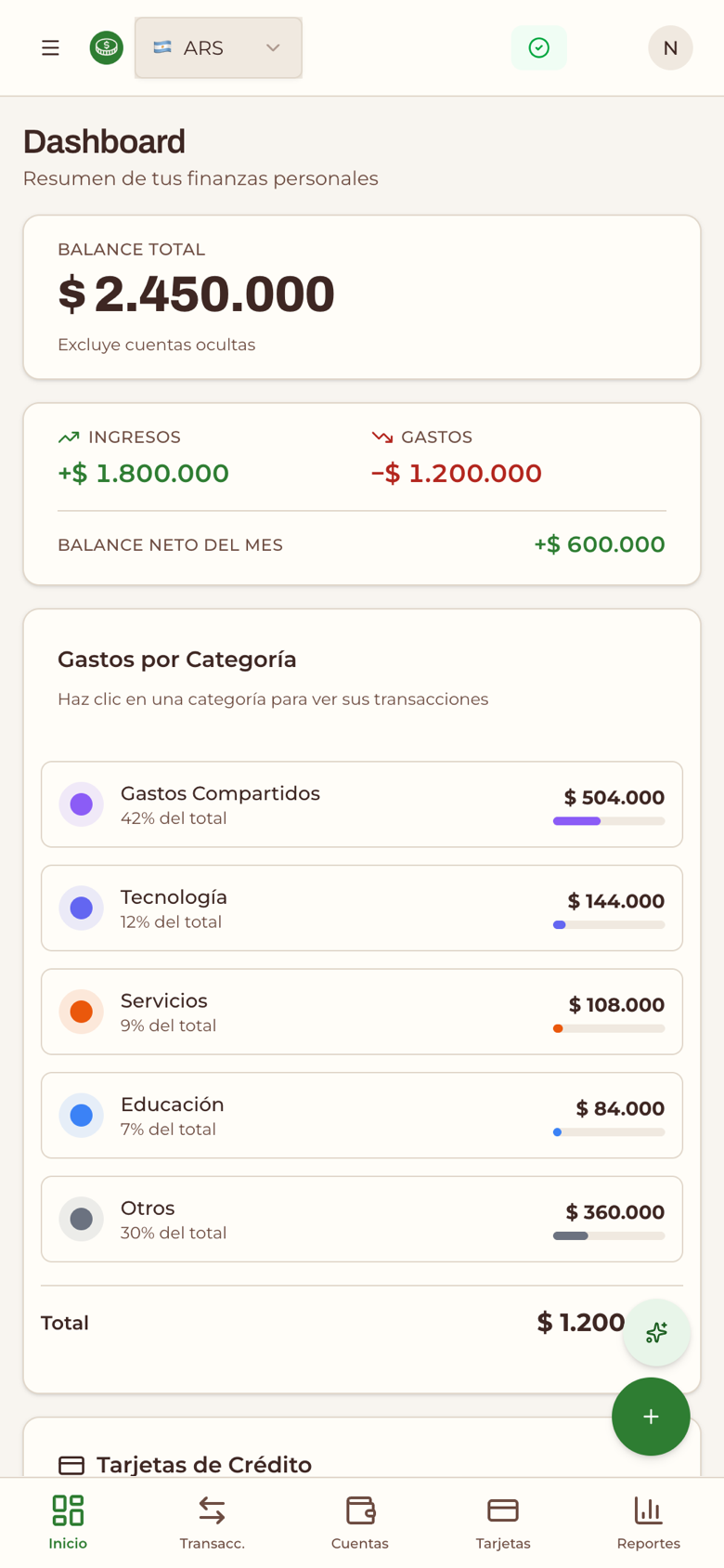 Inicio de Chirolas: saldo total en pesos y dólares y gastos por categoría